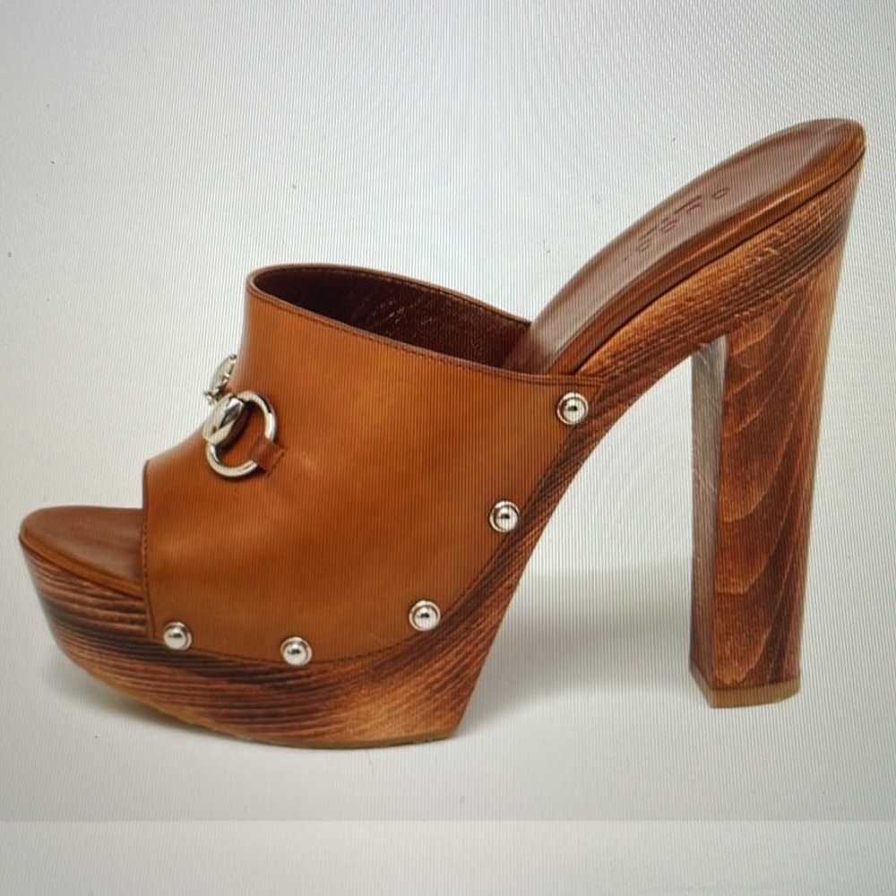 Gucci Horsebit Brown Leather Wooden Clogs size 37 1/2